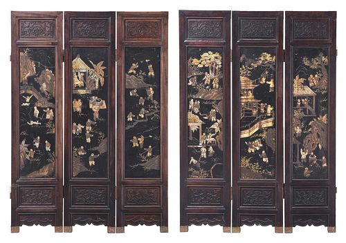 Chinese Six-Panel Carved and Lacquered Folding Screen