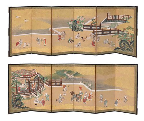 Pair of Six-Paneled Chinese Painted Screens