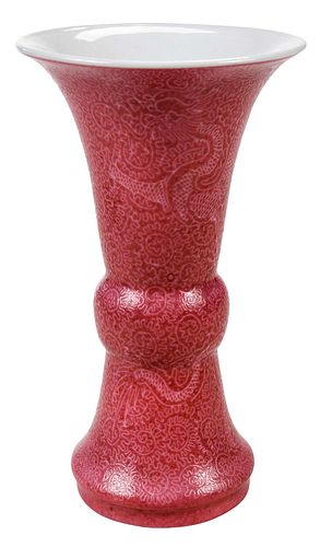 Chinese Raspberry Sgraffito Porcelain Dragon Vase