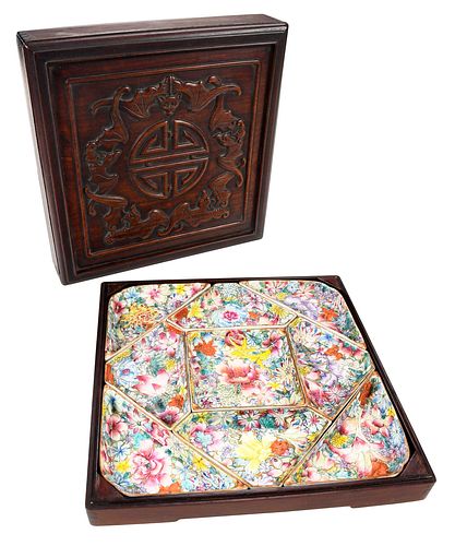 Chinese Porcelain Condiment Set in Carved Box
