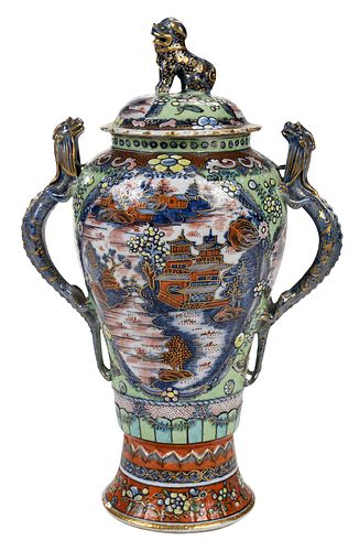 Chinese Export Double Handle Dragon Vase with Lid
