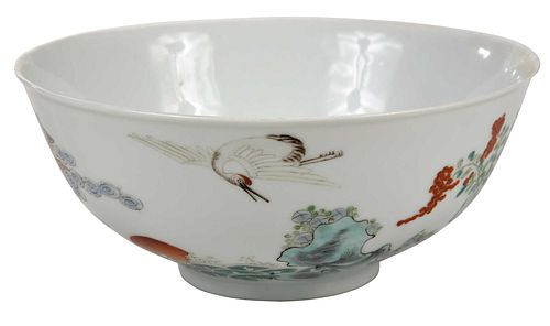Chinese Enamel Decorated Porcelain Bowl with Flying Crane