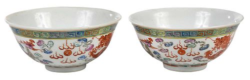 Pair Chinese Porcelain Enamel Decorated Dragon and Phoenix Bowls