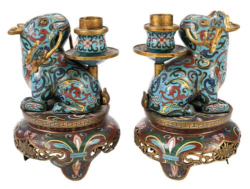 Pair Chinese Cloisonne Figural Candlesticks