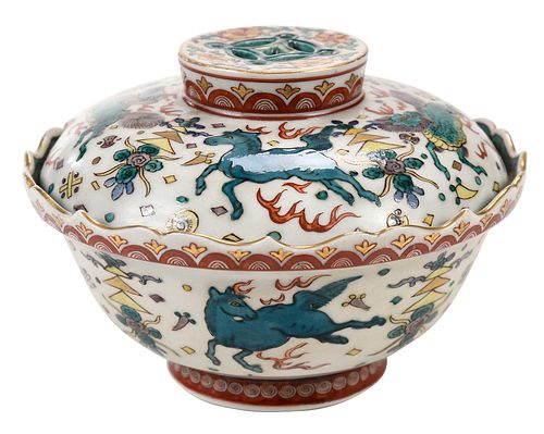 Japanese Porcelain Enamel Decorated Covered Bowl 