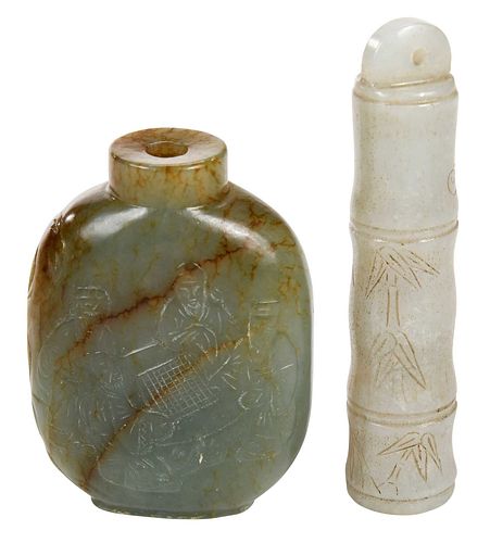 Chinese Carved Jade Snuff Bottle and Toggle
