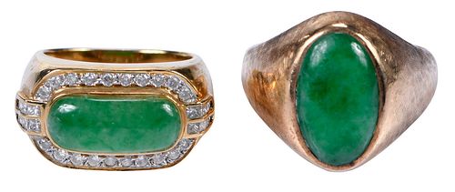 Two Jade Rings, 18kt Diamond and 14kt. 