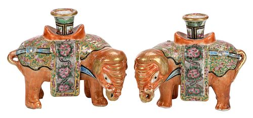 Pair of Asian Export Porcelain Elephant Form Candlesticks