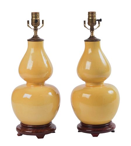 Pair of Chinese Yellow Double Gourd Vases Converted to Lamps