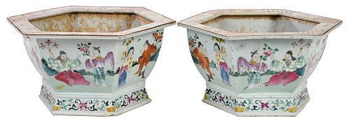 Pair of Chinese Famille Verte Six Sided Porcelain Planters