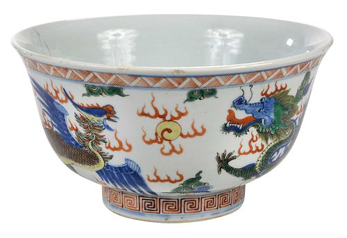 Large Chinese Phoenix and Dragon Deep Porcelain Bowl