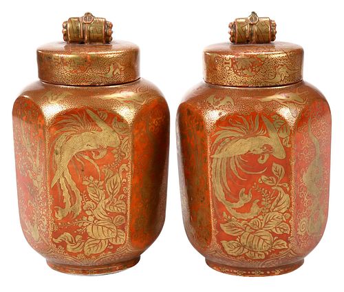 Pair of Japanese Red and Gilt Porcelain Covered Urns
