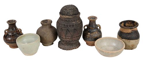 Five Chinese Brown and Two Celadon Glazed Pottery Vessels