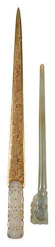 Chinese Carved Jade Hairpin and Gilt Metal Letter Opener