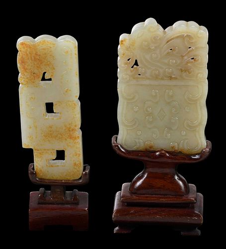 Two Chinese Carved Jade Plaques with Stands