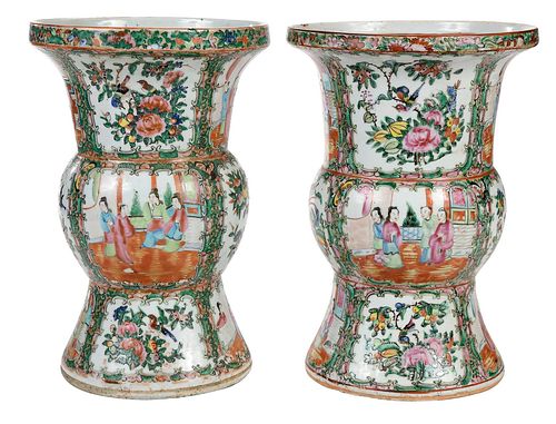 Near Pair of Chinese Export Rose Medallion Gu Form Vases