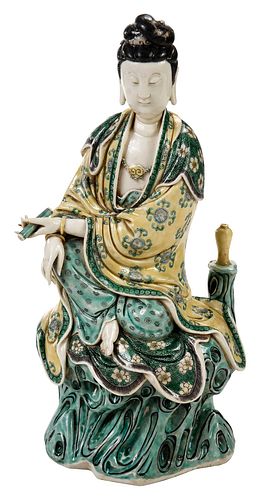 Chinese Famille Verte Porcelain Seated Guanyin Figure