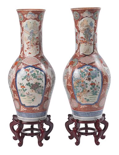 Pair of Tall Imari Porcelain Floor Vases with Stands