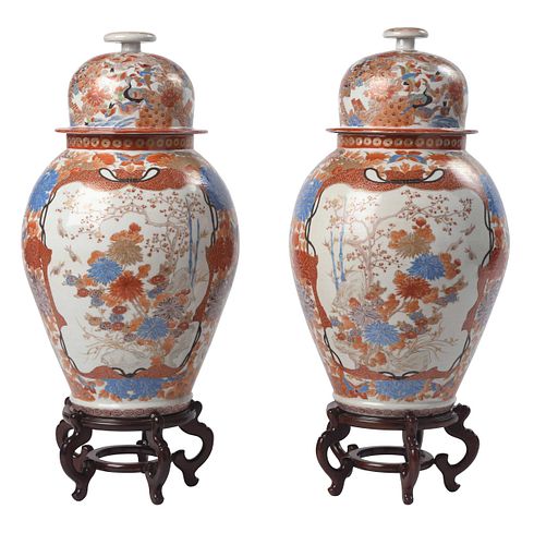 Pair of Large Chinese Porcelain Imari Covered Ginger Jars with Stands