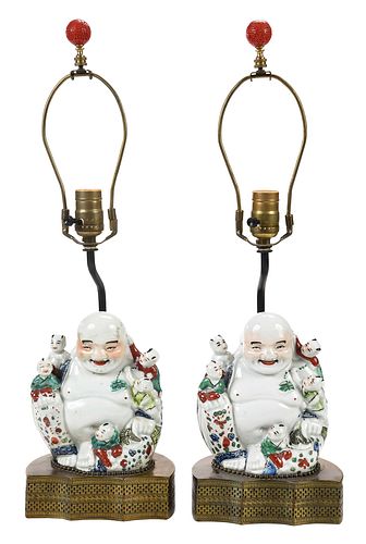 Pair of Chinese Porcelain Buddhas as Lamps