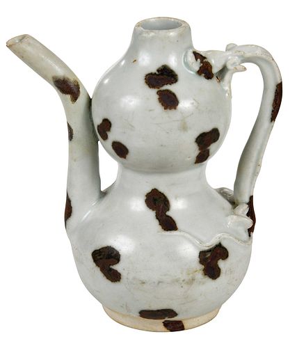 Chinese Double Gourd Pottery Oil Jar with Splashed Brown Decoration