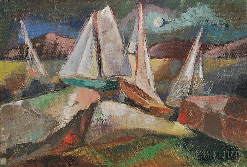 Attributed to William Thon (American, 1906-2000)      Modernist Landscape with Sailboats and Full Moon