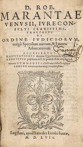 Maranta, Robertus
Tractatus de ordine iudiciorum, vulgo Speculum aureum, & Lumen aduocatorum (...). Mit Holzschnittdruckermar