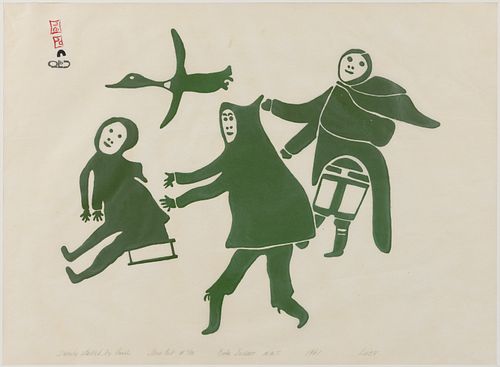 LUCY QINNUAYUAK (INUIT, 1915-1982) "FAMILY STARTLED BY GOOSE" PRINT