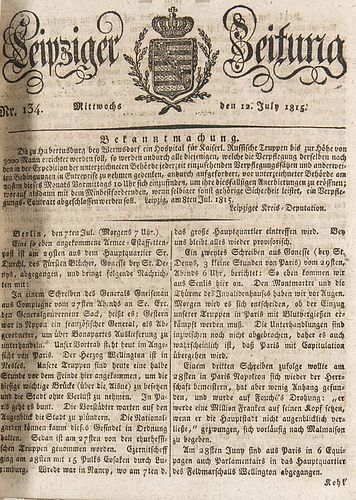 Sammelband Leipziger Zeitung. 1815. Spaeterer blindgepr. Ldr. mit schwarzgepr. RTitel. (etw. berieben und bestoßen, gering b