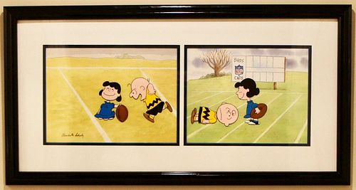 Charles Schulz "Charlie Brown and Lucy Classic Football" Hand Signed Color Model/Publicity Cels. Animazing Gallery COA.