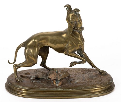 STYLE OF ARTHUR WAAGEN (GERMAN, 1833-1898) "LA LEVRETT AU PAPILLON" BRASS SCULPTURE