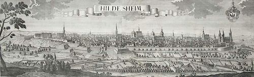 Hildesheim. Kupferstichansicht von 2 Platten gedruckt nach F.B. Werner Siles. Wratisl. Augsburg, Jeremias Wolff, dat. 1729. P