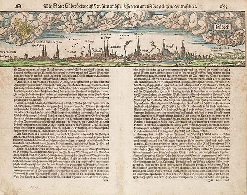 Die Statt Luebeck ... Kol. Holzstichansicht aus Sebastian Muensters "Cosmographia" (dt. Ausgabe). Basel, 1578. Ca. 9 x 39 cm 