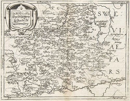 Du(catus) Wirtenberg(ensis). Hert(zogthum) Wirtmberg. La Duché De Wirtemberg. Kupferstichkarte. Koeln, Metellus, um 1595. Pl