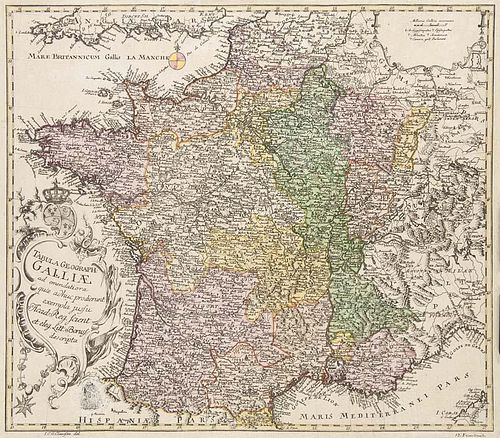 Tabula Geograph. Galliae ... Kolorierte Kupferstichkarte nach I.G.C. Claussen. Berlin, 1753. Plattenmaße ca. 34,5 x 40 cm (3
