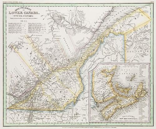 Neueste Karte von Lower Canada. Grenzkol. Stahlstichkarte. Aus: Meyer's grosser Zeitungs-Atlas. Hildburghausen, Bibliogr. Ins