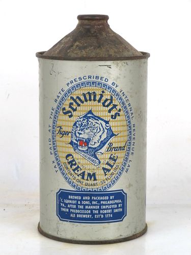 1938 Schmidt's Tiger Brand Cream Ale Quart Cone Top Can 218-18a Philadelphia Pennsylvania