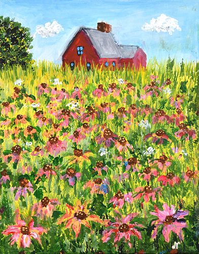 RED HOUSE ON A HILL OF WILDFLOWERS by Nydia Peterson (Kyba)
