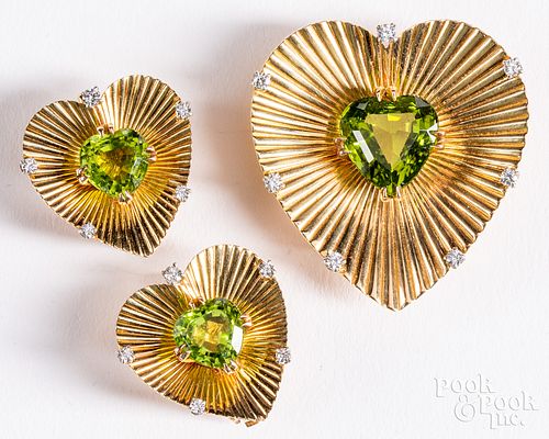 14K gold, peridot, diamond brooch and earring set
