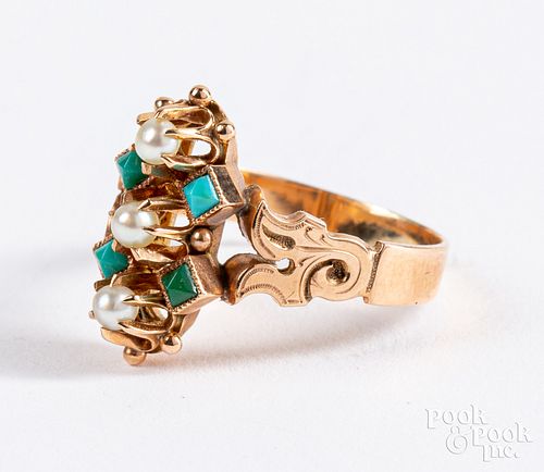 14K gold, pearl, and turquoise ring