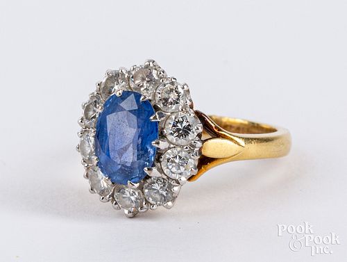 18K gold sapphire, and diamond ring