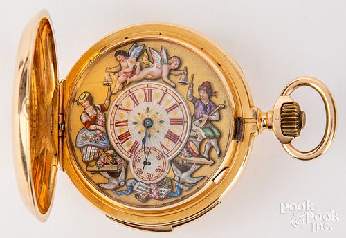 18K gold pocket watch with enamel decorated figure