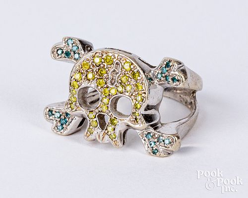 10K gold and colored diamond skull ring