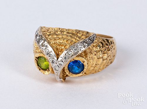 14K gold, diamond, and gemstone owl ring