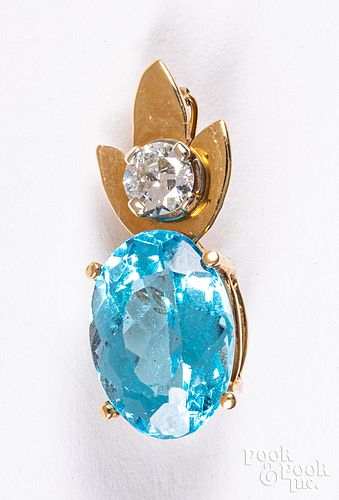 14K yellow gold, blue topaz, and diamond pendant