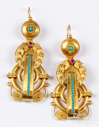 Pair of 18K or higher gold and gemstone earrings