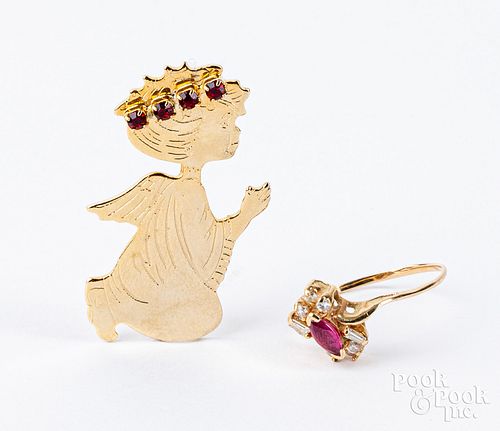 14K gold and gemstone ring, and gold-plated pin