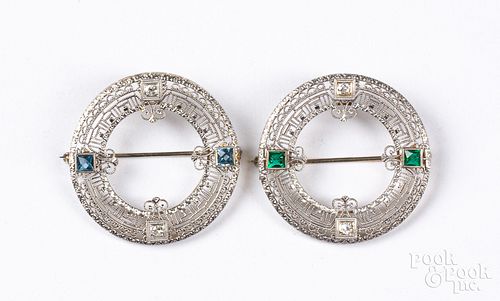 Two 14K white gold, diamond, and gemstone brooches