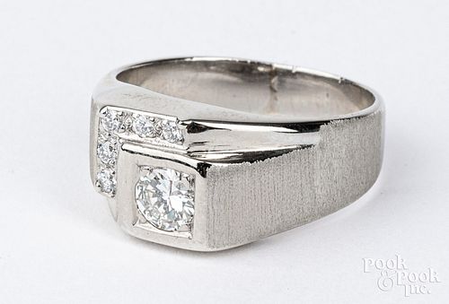 14K white gold and diamond signet ring