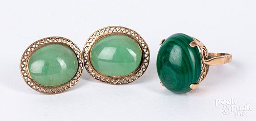 Pair of 18K and 14K gold and jade earrings